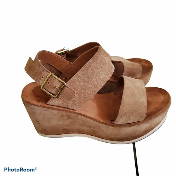 275‎ Central Womens Deni Suede Wedge Sandals Tan Brown 6 Made In Italy - Picture 3 of 10